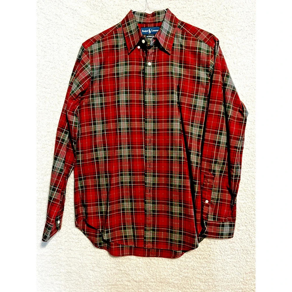 Ralph Lauren Classic Fit M Plaid red white gray cotton Button Down Long Sleeve